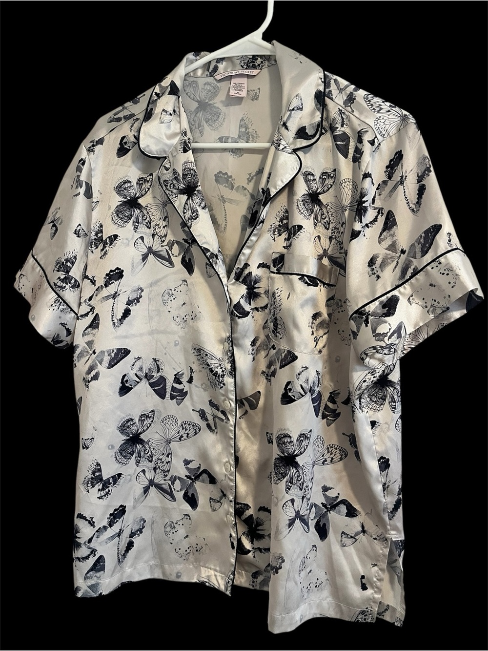 Victoria's Secret White Short-Sleeve Button Shirt with Black Butterfly PrintL383